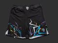 Black athletic shorts with colorful abstract designs on a white background