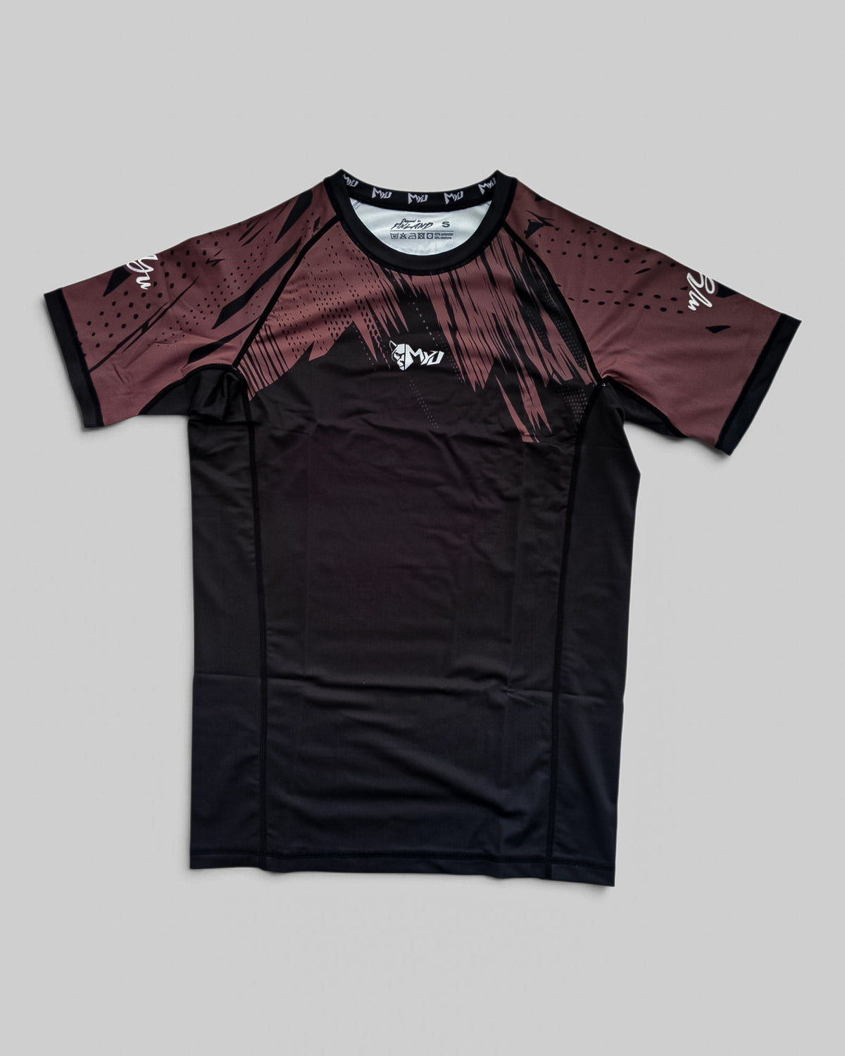 MYU Brown Ranked rashguard, IBJJF brown belt rank short-sleeve no-gi BJJ top — front view