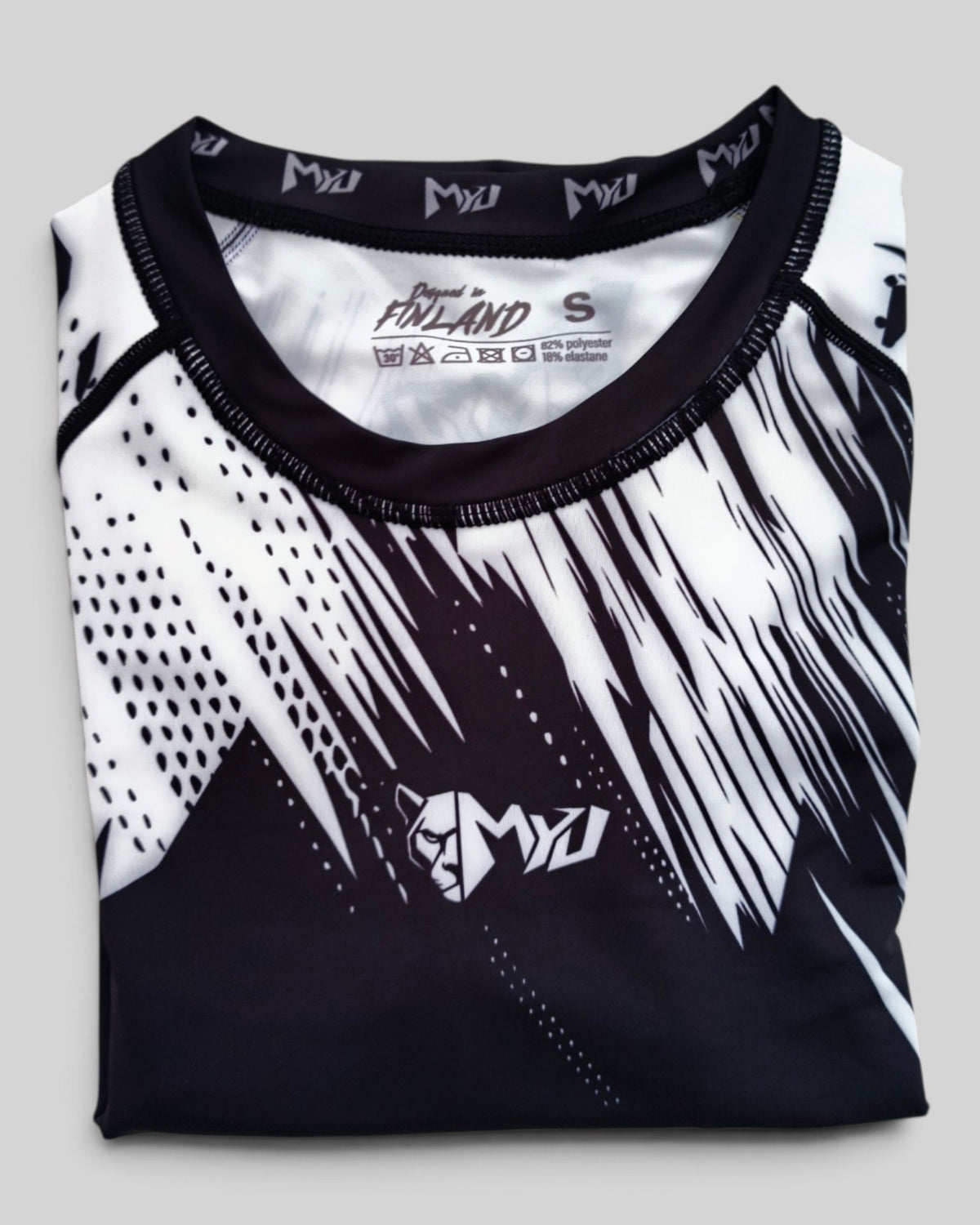 MYU White Ranked rashguard, IBJJF white belt rank short-sleeve no-gi BJJ top — folded front view