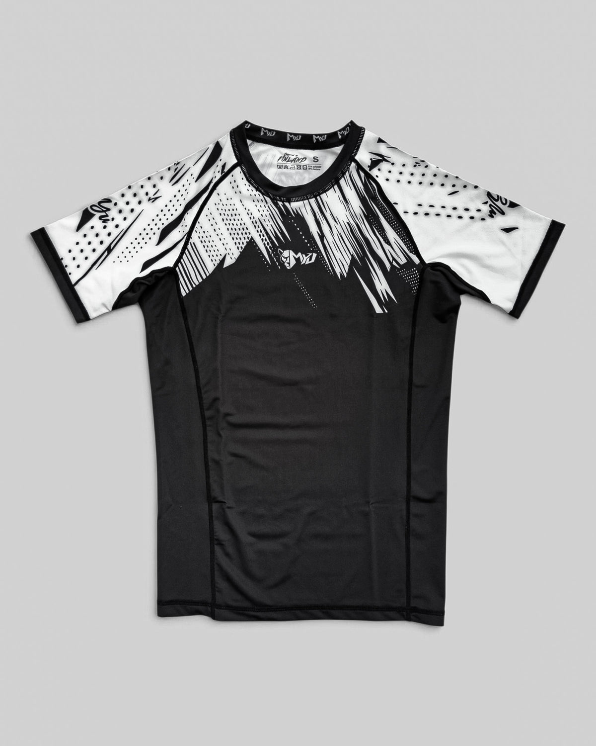MYU White Ranked rashguard, IBJJF white belt rank short-sleeve no-gi BJJ top — front view