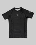 MYU Black rashguard, plain black short-sleeve no-gi BJJ compression top — front view