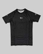 MYU Black rashguard, plain black short-sleeve no-gi BJJ compression top — front view