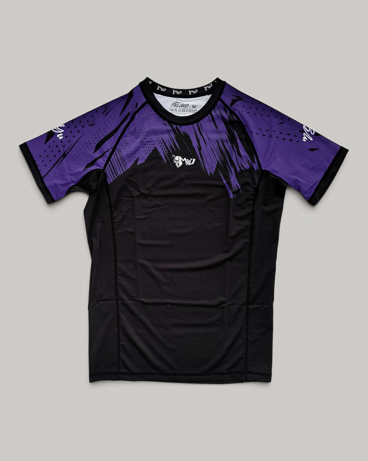 MYU Purple Ranked rashguard, IBJJF purple belt rank short-sleeve no-gi BJJ top — front view