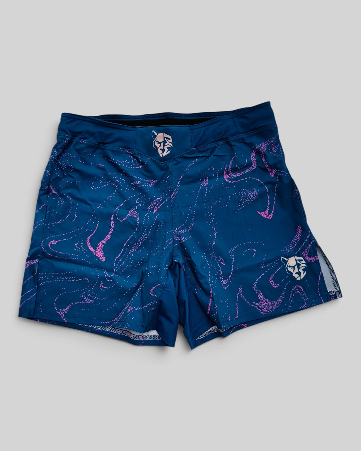 MYU Ocean Marble fight shorts, blue marbled grappling and MMA shorts — front view