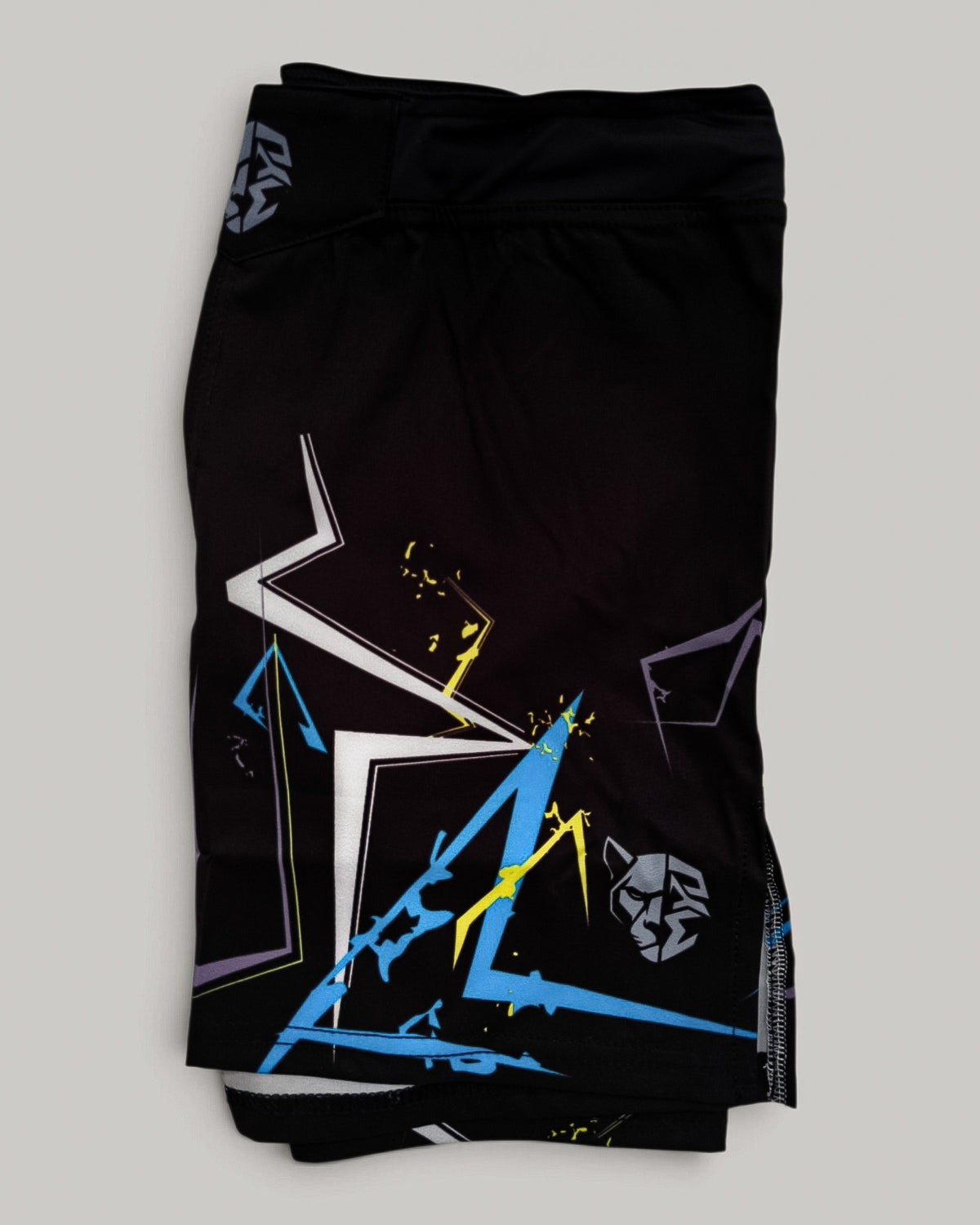 MYU Neon Night fight shorts, dark grappling and MMA shorts with neon accents — folded side angle