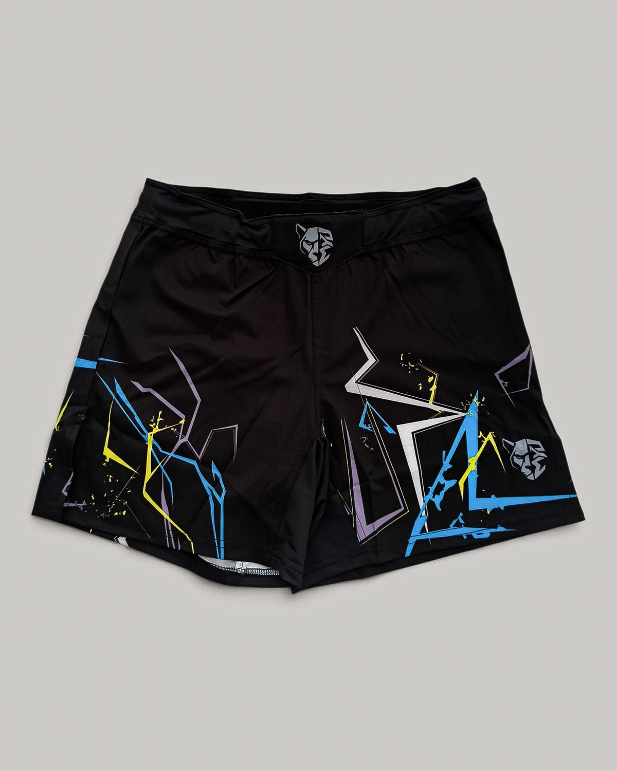 MYU Neon Night fight shorts, dark grappling and MMA shorts with neon accents — front view