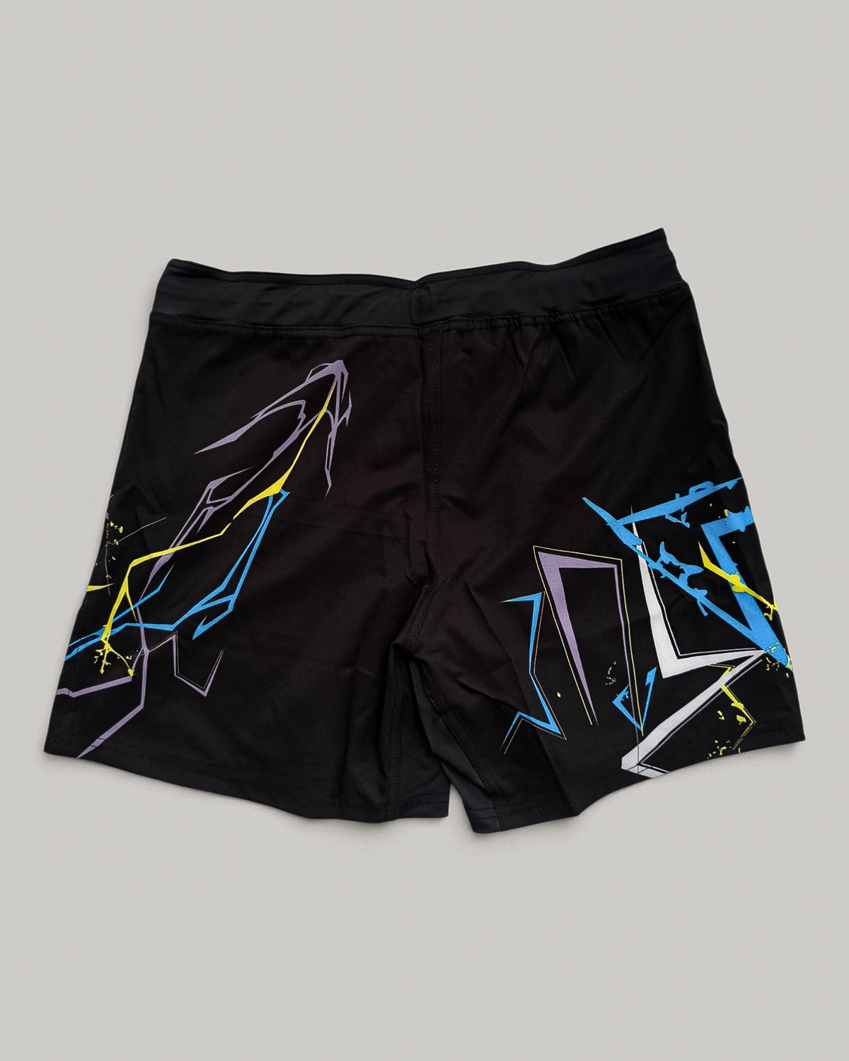 MYU Neon Night fight shorts, dark grappling and MMA shorts with neon accents — back view
