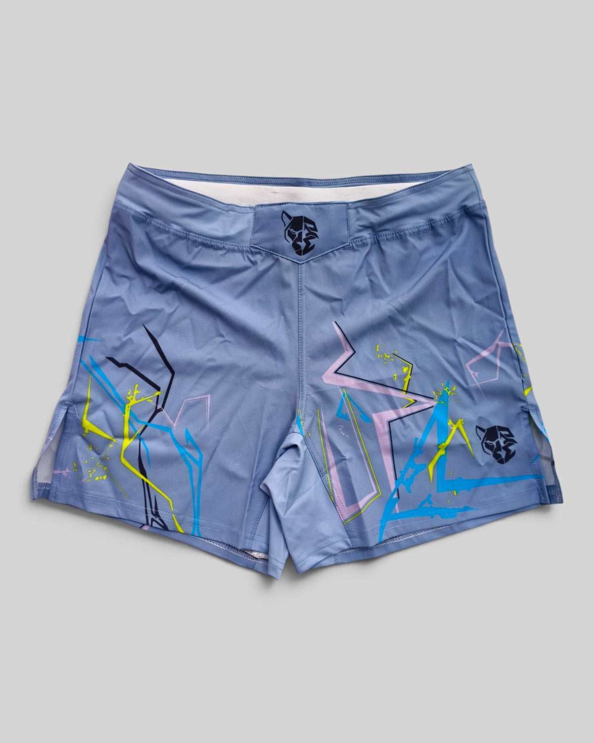 MYU Ice Blue Lightning fight shorts, powder blue grappling and MMA shorts — front view