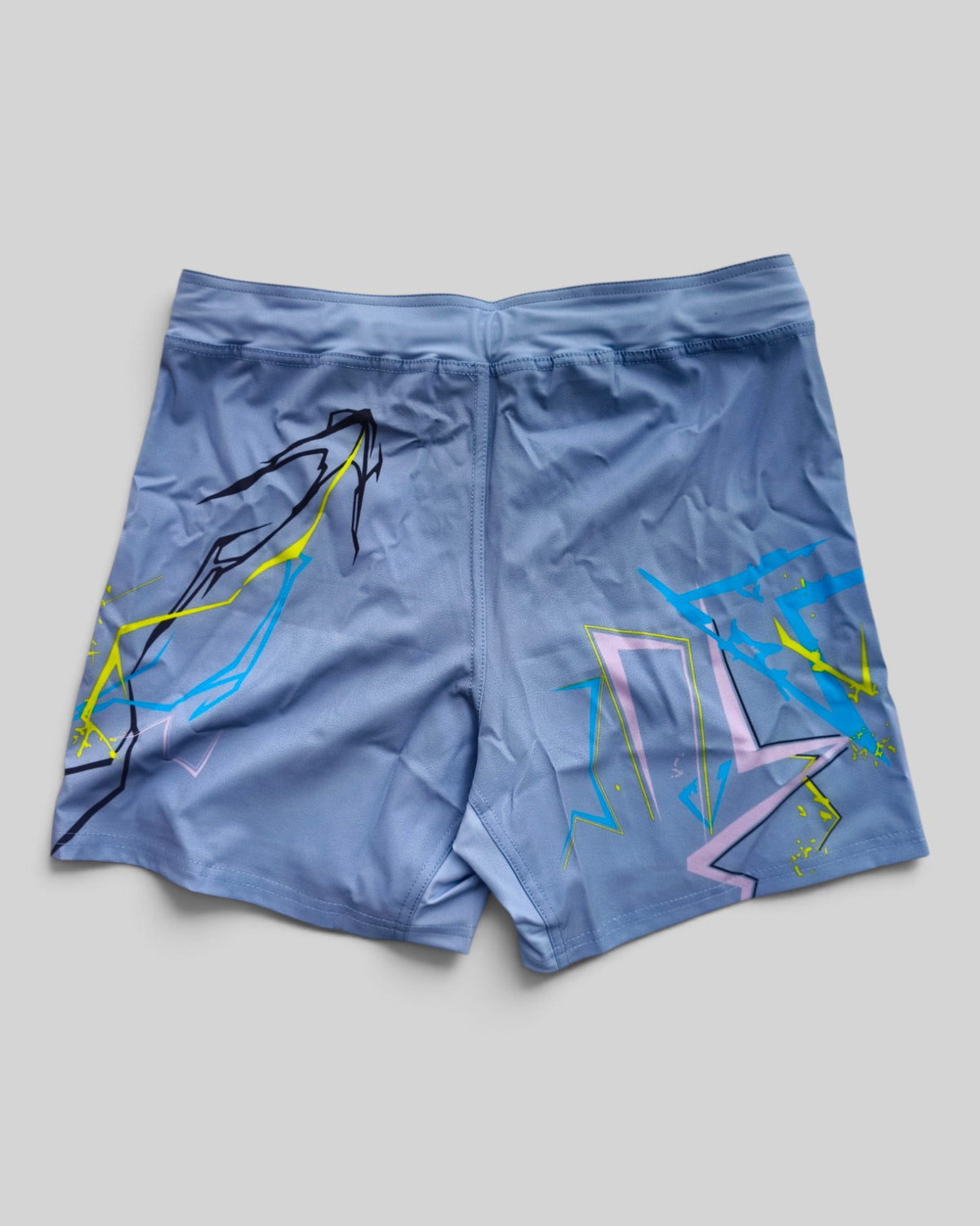 MYU Ice Blue Lightning fight shorts, powder blue grappling and MMA shorts — back view