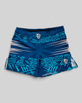 MYU Teal Circuit fight shorts, teal grappling and MMA shorts with circuit print — front view