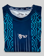 MYU Teal Circuit rashguard, teal short-sleeve BJJ top with circuit line print — back view