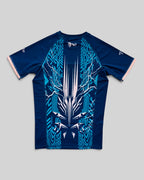 MYU Teal Circuit rashguard, teal short-sleeve BJJ top with circuit line print — folded front view