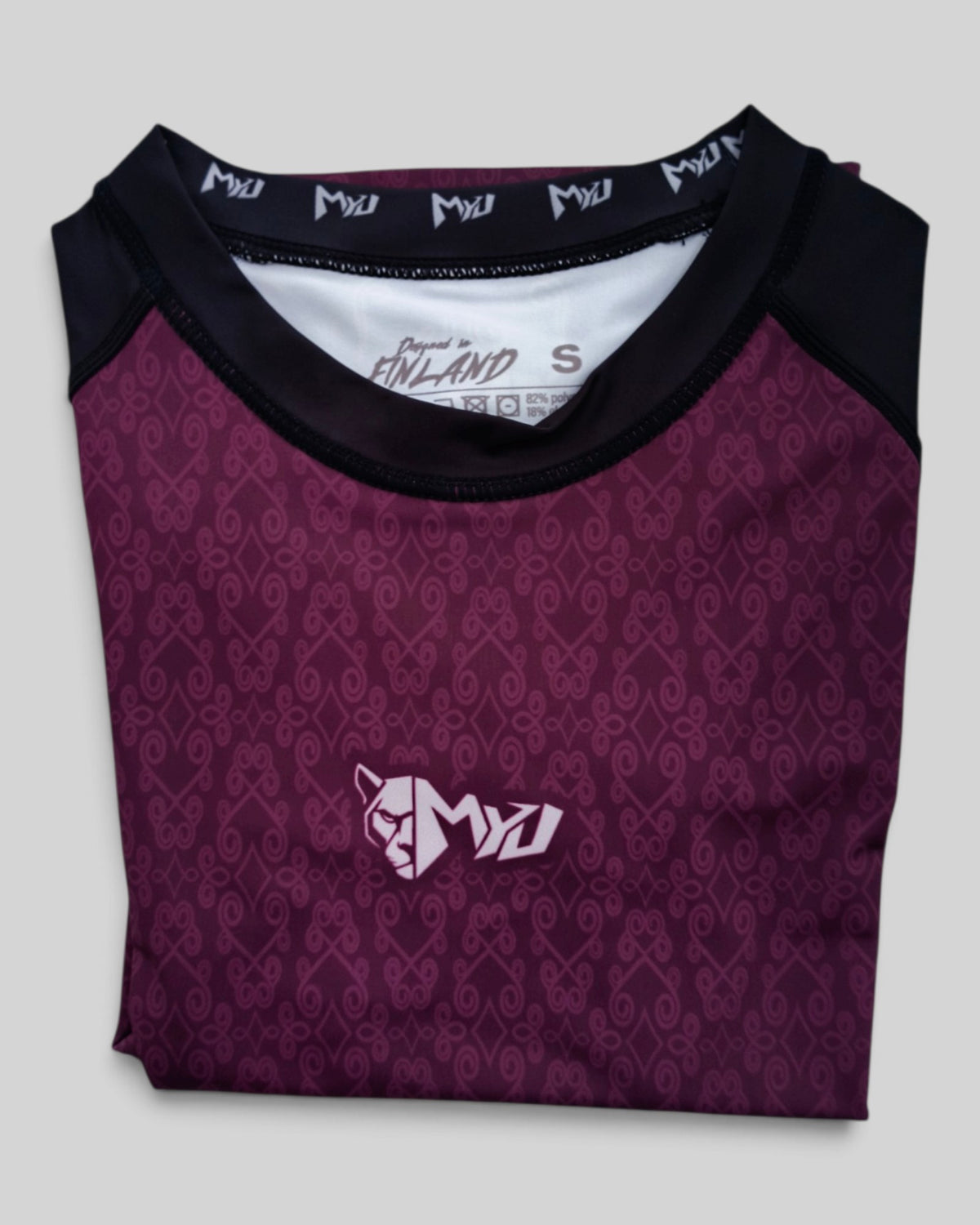 MYU Crimson Ornamental rashguard, crimson short-sleeve BJJ top with ornamental pattern — back view