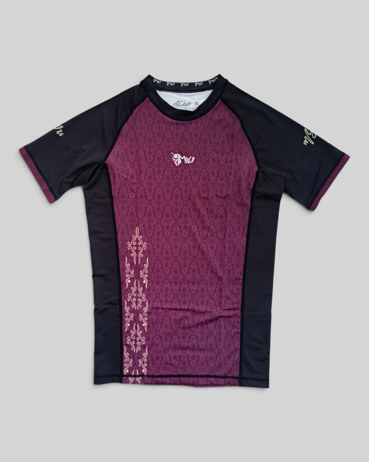 MYU Crimson Ornamental rashguard, crimson short-sleeve BJJ top with ornamental pattern — front view