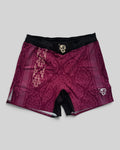 MYU Crimson Ornamental fight shorts, crimson grappling and MMA shorts with ornamental pattern — front view