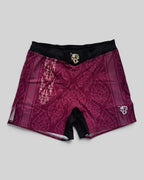 MYU Crimson Ornamental fight shorts, crimson grappling and MMA shorts with ornamental pattern — front view