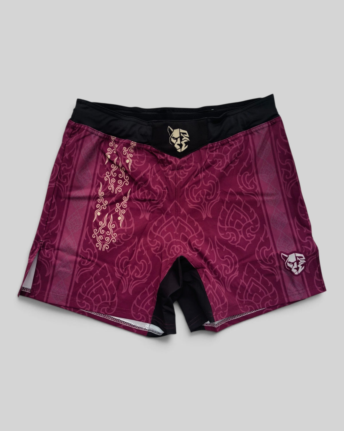 MYU Crimson Ornamental fight shorts, crimson grappling and MMA shorts with ornamental pattern — front view