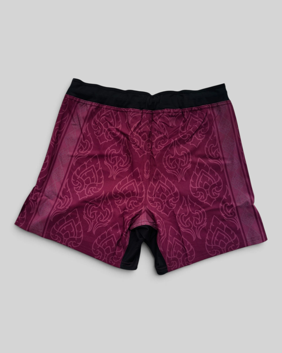 MYU Crimson Ornamental fight shorts, crimson grappling and MMA shorts with ornamental pattern — back view