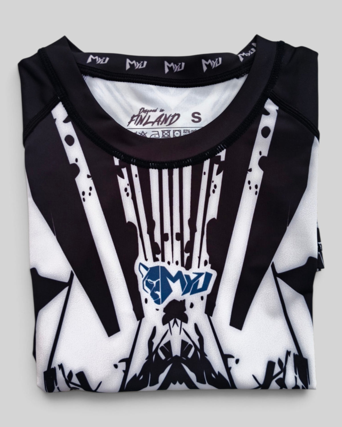MYU Ink Explosion rashguard, short-sleeve BJJ compression top with ink splatter print — back view