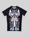 MYU Ink Explosion rashguard, short-sleeve BJJ compression top with ink splatter print — front view