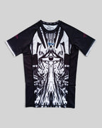 MYU Ink Explosion rashguard, short-sleeve BJJ compression top with ink splatter print — front view
