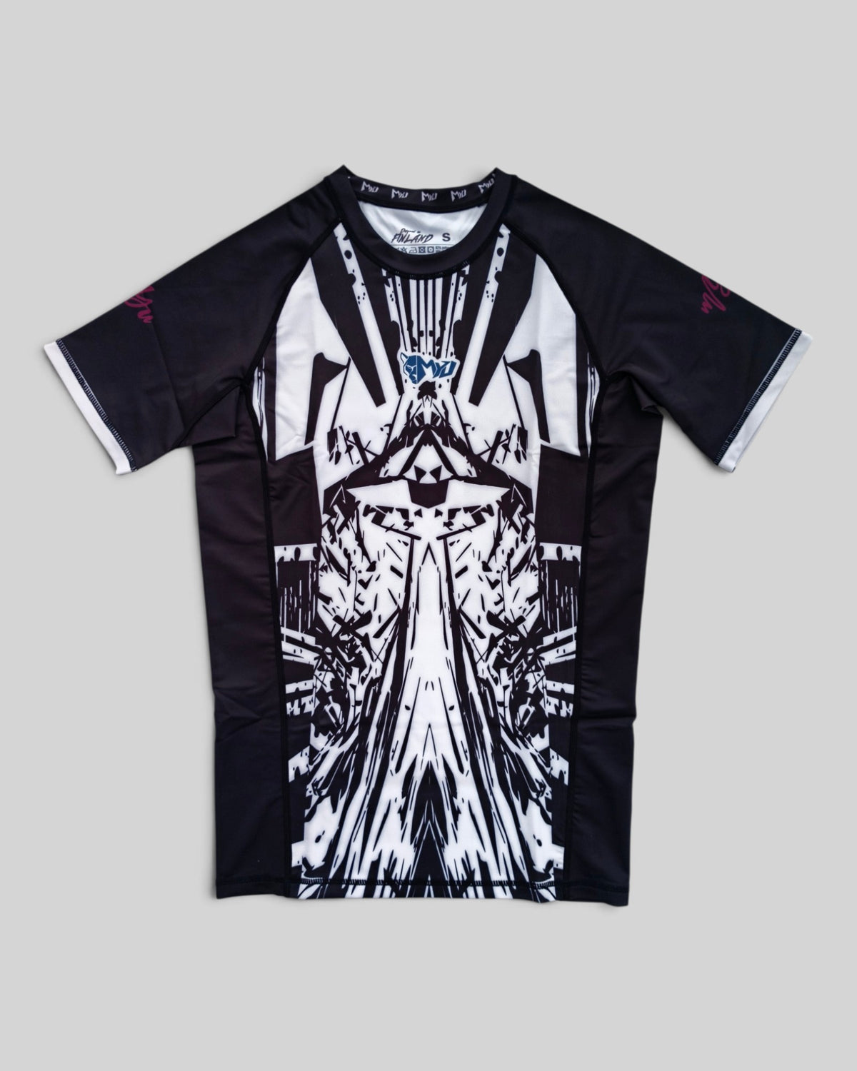 MYU Ink Explosion rashguard, short-sleeve BJJ compression top with ink splatter print — front view
