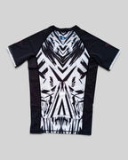 MYU Ink Explosion rashguard, short-sleeve BJJ compression top with ink splatter print — folded front view