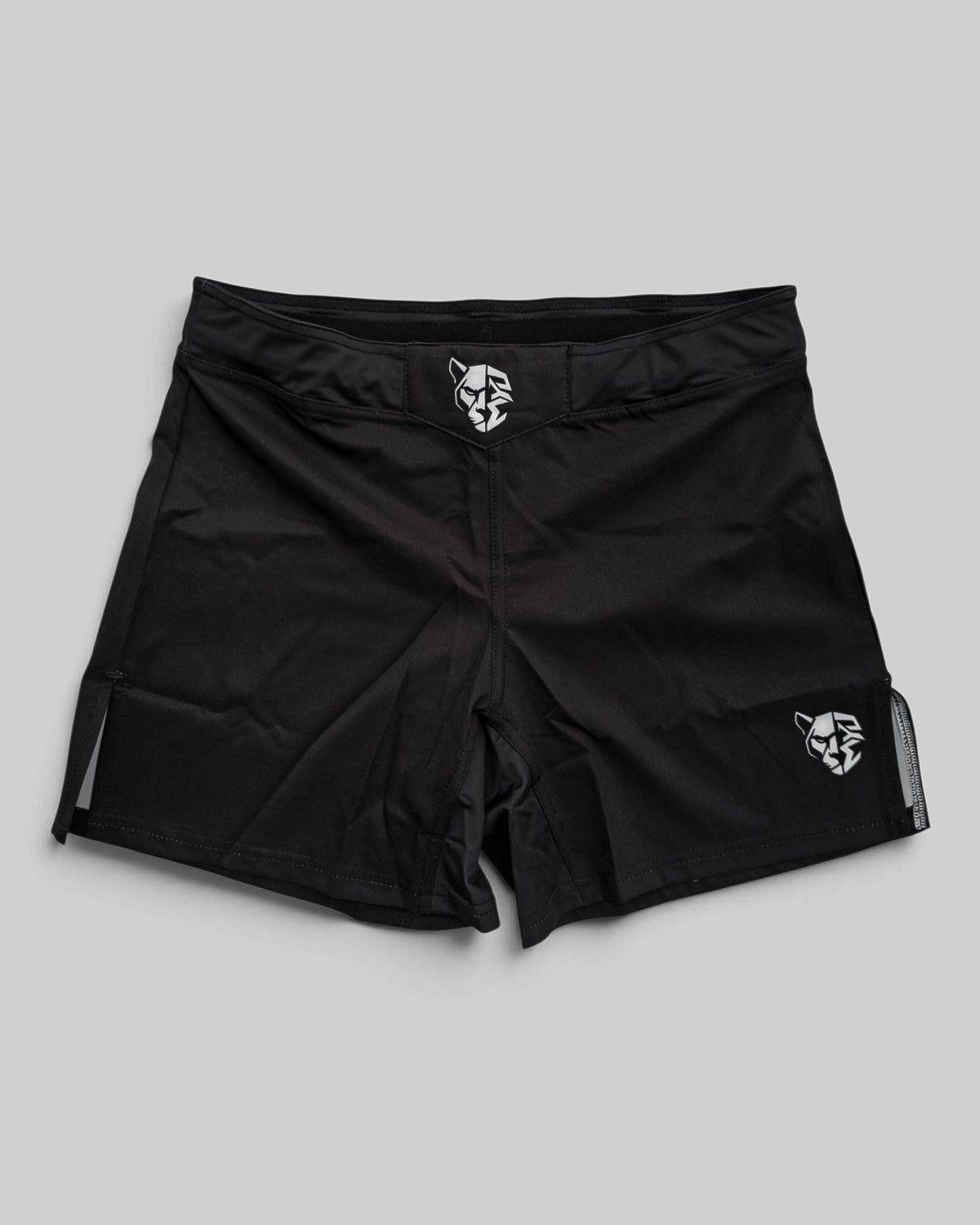 MYU Black fight shorts, plain black grappling and MMA shorts — front view