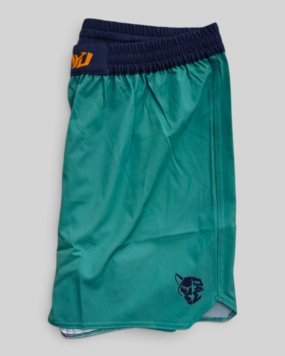 MYU Arctic Mint fight shorts, mint green grappling and MMA shorts — folded side angle