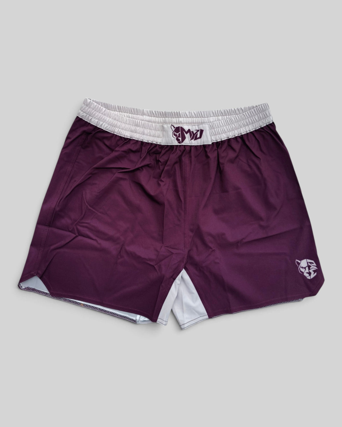 MYU Bordeaux fight shorts, deep red grappling and MMA shorts — front view