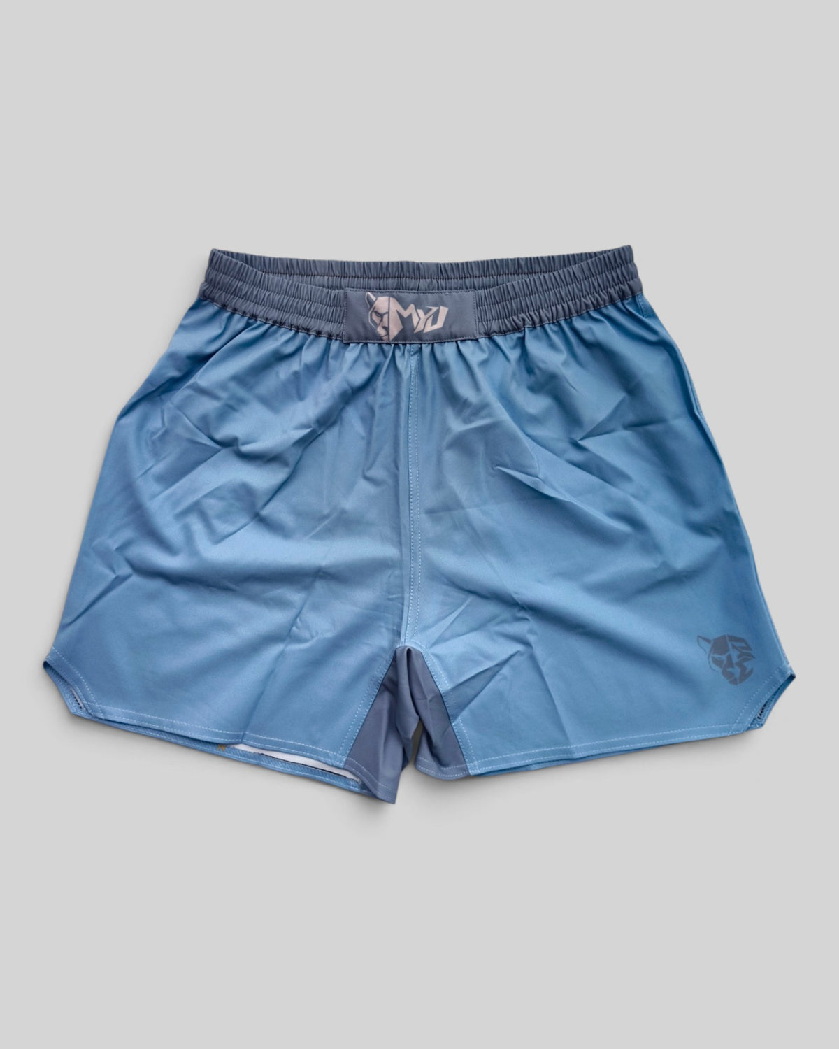 MYU Glacial Blue fight shorts, pale blue grappling and MMA shorts — front view