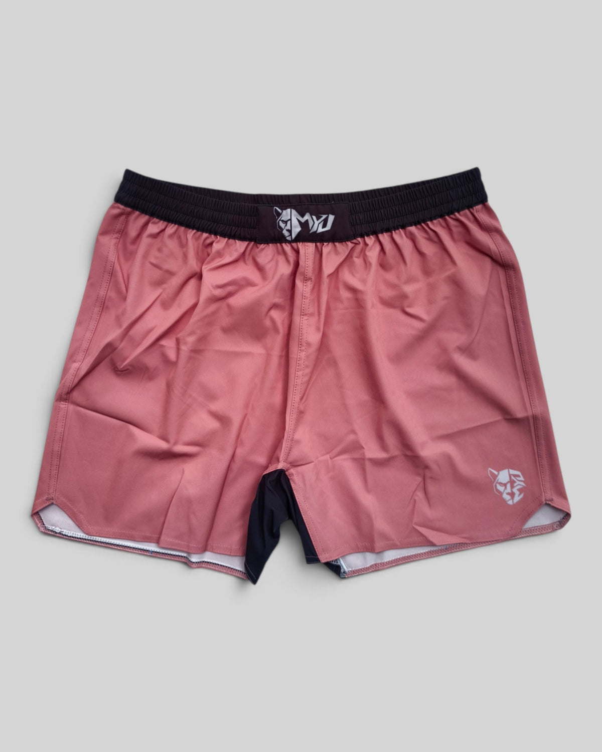 MYU Dusty Rose fight shorts, muted pink grappling and MMA shorts — front view