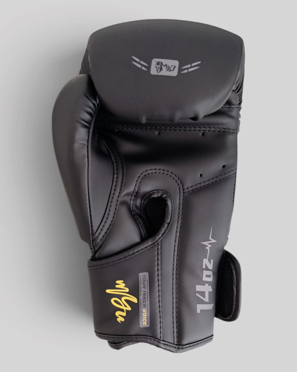 MYU PARS boxing gloves in black, hook-and-loop training and sparring gloves — palm side