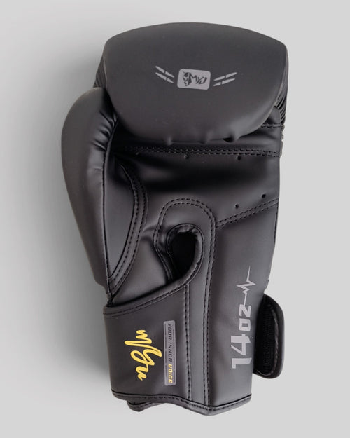 MYU PARS boxing gloves in black, hook-and-loop training and sparring gloves — palm side