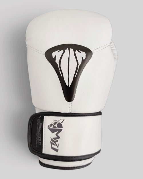 MYU PARS boxing gloves in white, hook-and-loop training and sparring gloves — front view