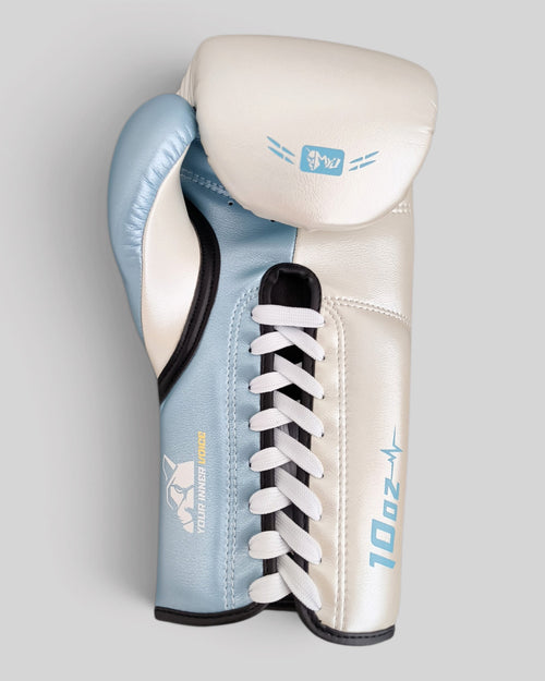 MYU CICERO boxing gloves in white and blue, lace-up training and sparring gloves — palm side