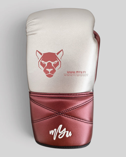MYU CICERO boxing gloves in red and grey, lace-up training and sparring gloves — front view