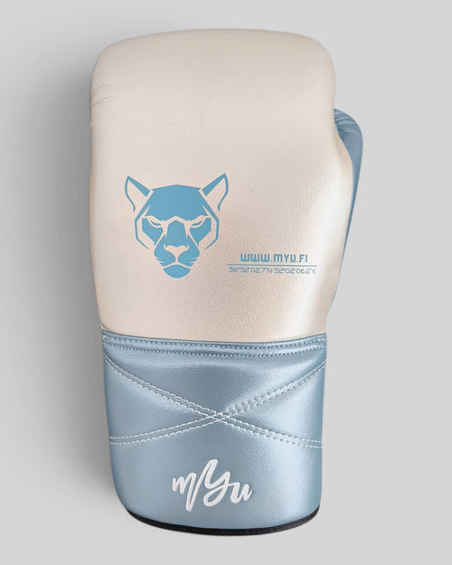 MYU CICERO boxing gloves in white and blue, lace-up training and sparring gloves — front view