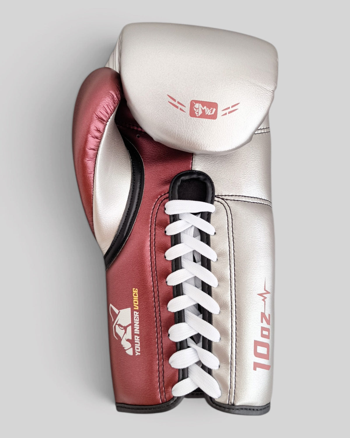 MYU CICERO boxing gloves in red and grey, lace-up training and sparring gloves — palm side