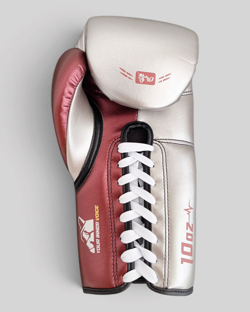 MYU CICERO boxing gloves in red and grey, lace-up training and sparring gloves — palm side