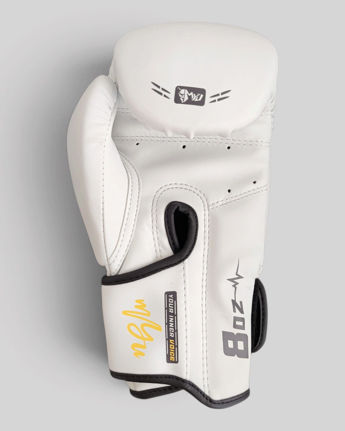 MYU PARS boxing gloves in white, hook-and-loop training and sparring gloves — palm side